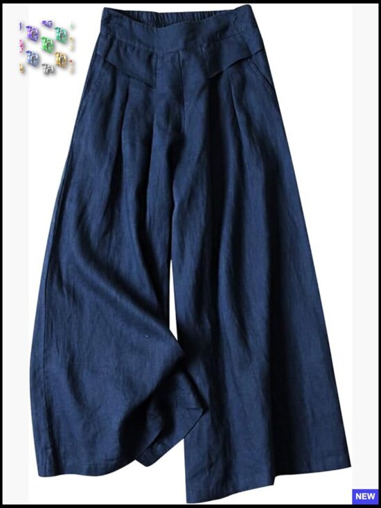 Pants - Wide Leg Linen Blend Palazzo Trousers with Pockets Cropped